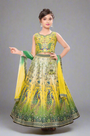 Radiant yellow-green lehenga with elegant peacock motifs and dupatta