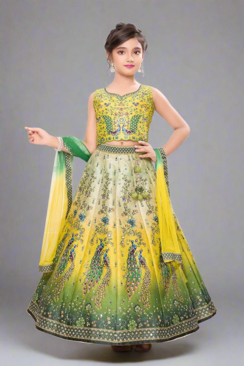 Radiant yellow-green lehenga with elegant peacock motifs and dupatta
