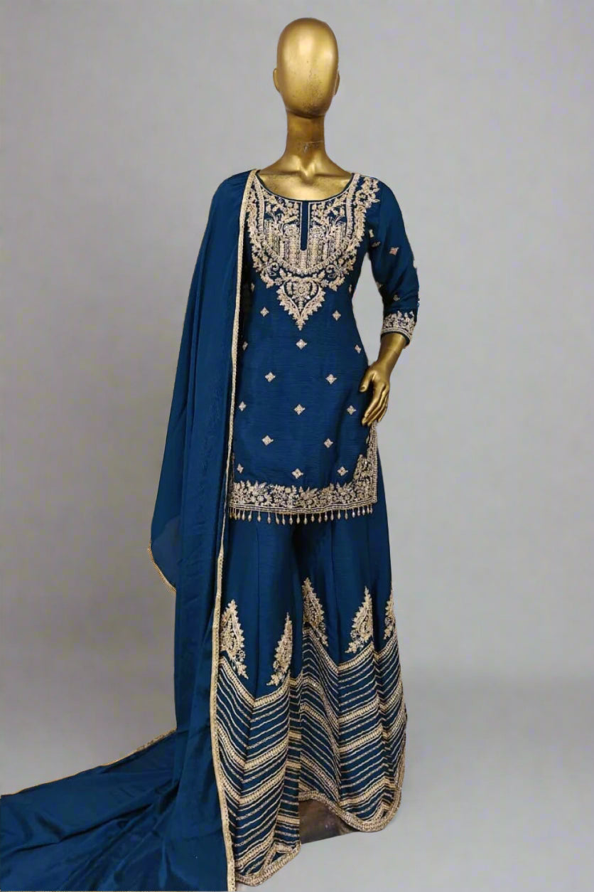 Black ethnic suit set with detailed gold embroidery and palazzo pants