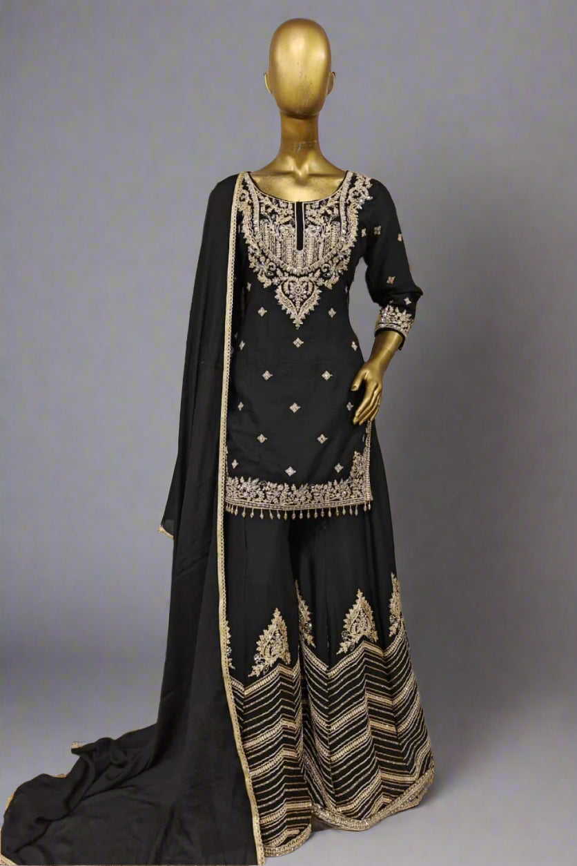 Black ethnic suit set with detailed gold embroidery and palazzo pants Main image