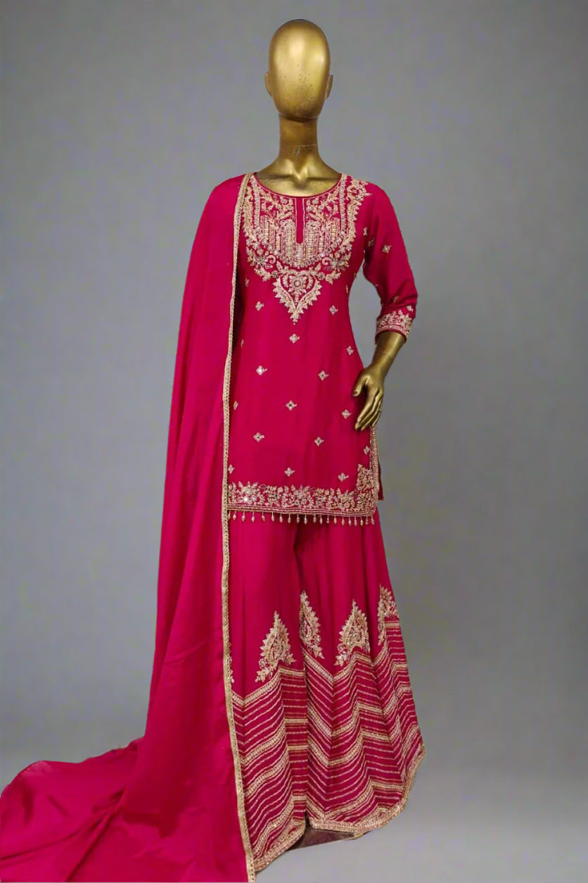 Black ethnic suit set with detailed gold embroidery and palazzo pants