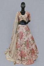 Lavender lehenga adorned with gold floral embroidery