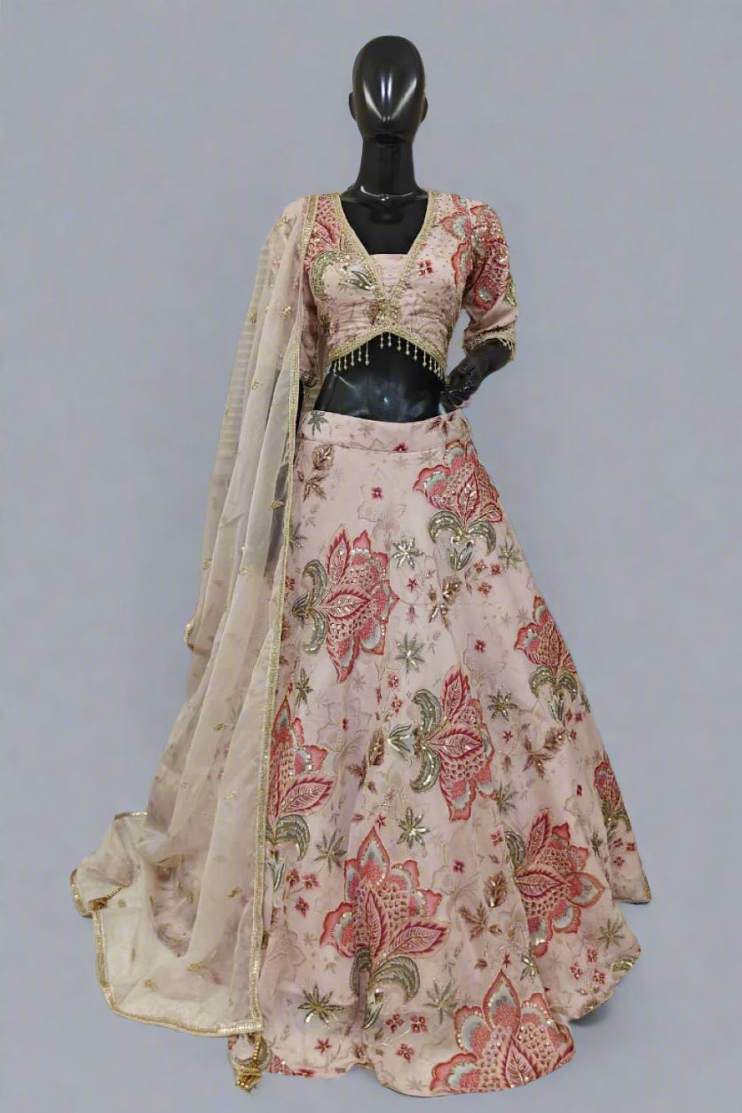 Lavender lehenga adorned with gold floral embroidery