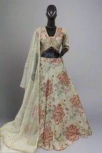 Lavender lehenga adorned with gold floral embroidery