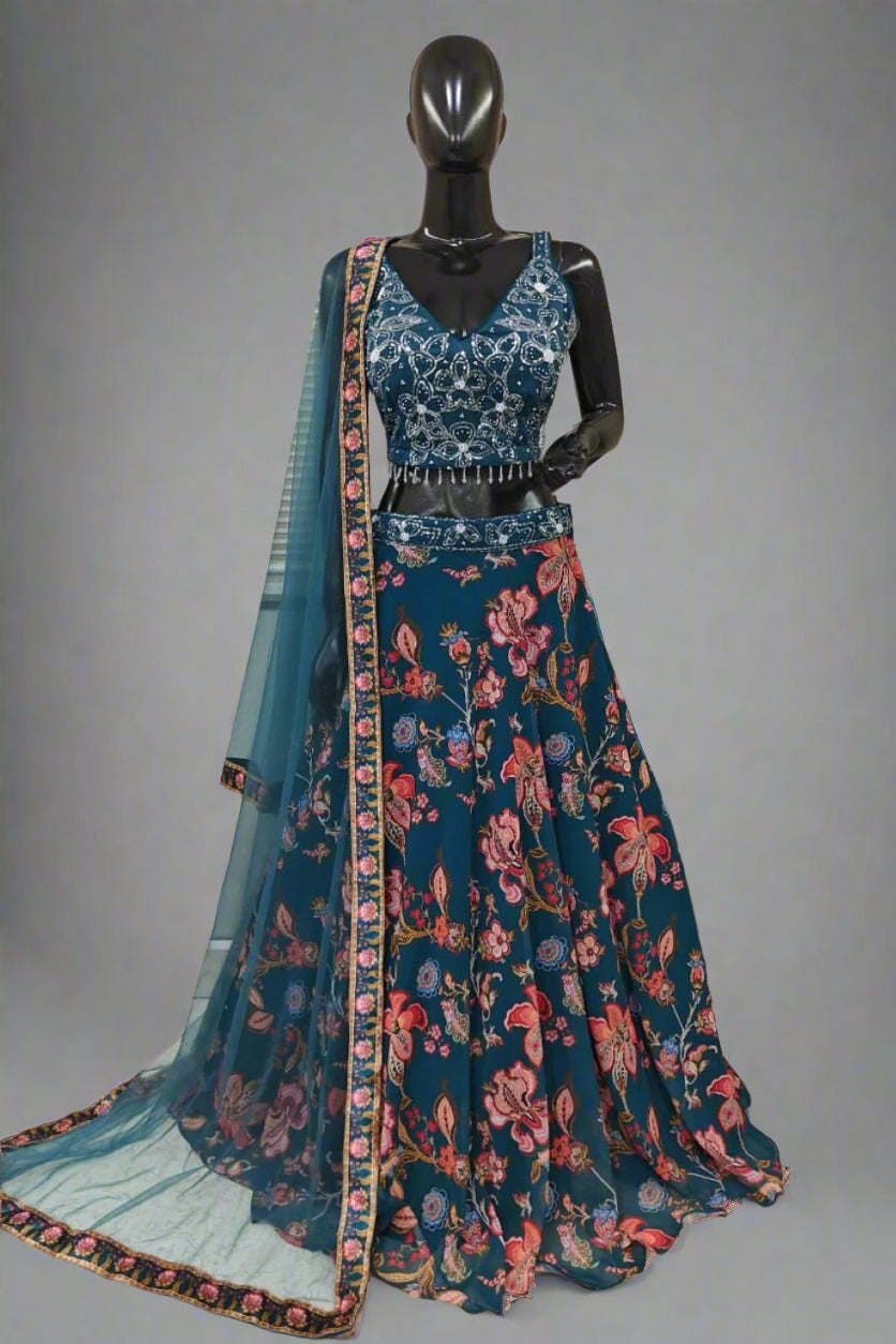 Vibrant teal floral lehenga with exquisite embroidery perfect