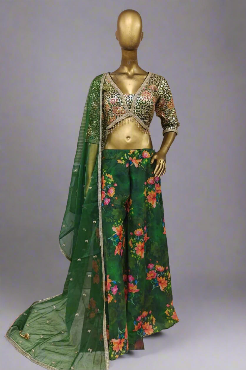 Vibrant ethnic ensemble features a sequin-embroidered blouse and bold floral palazzo Secondary image