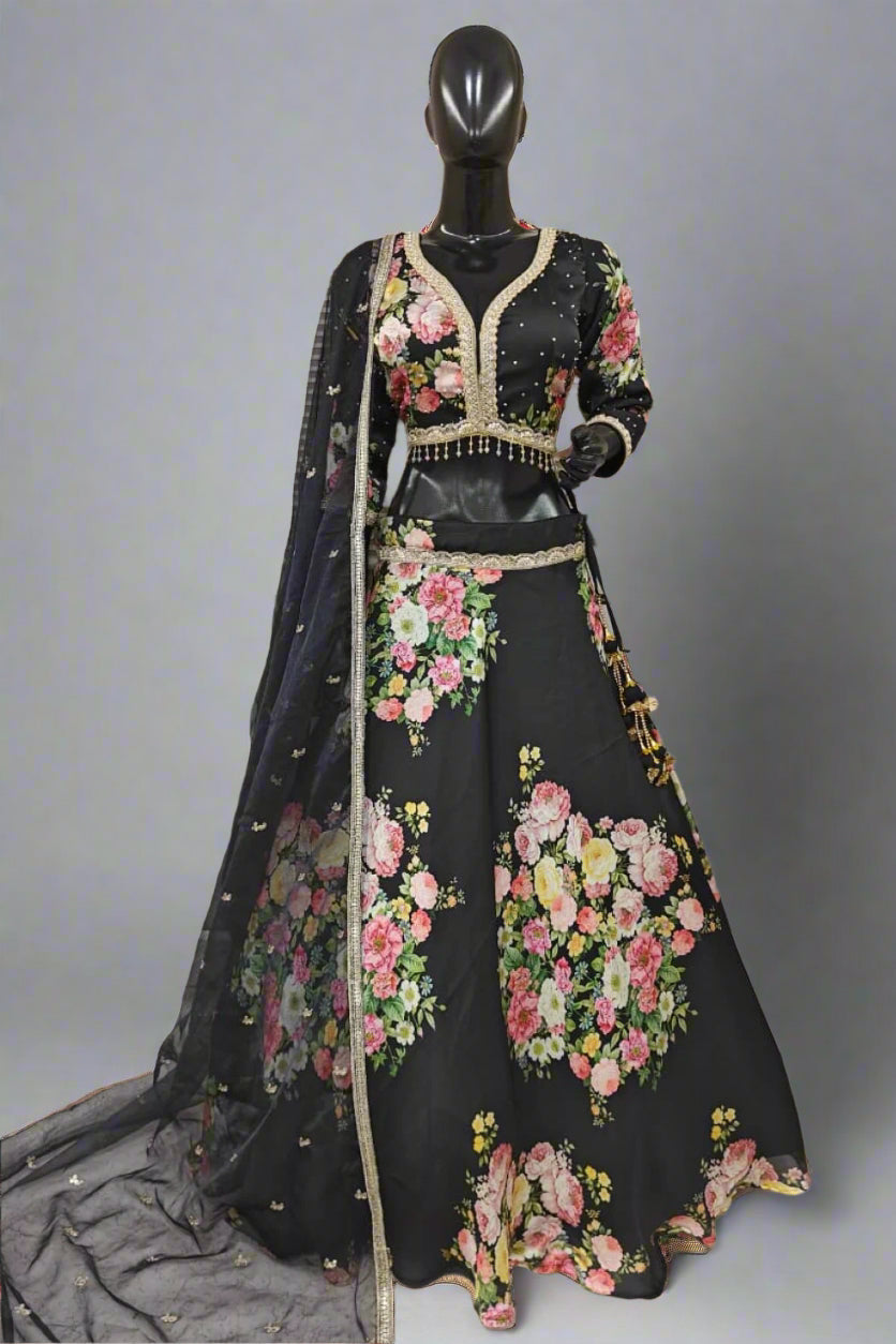 Stunning black floral lehenga with elegant sequin work