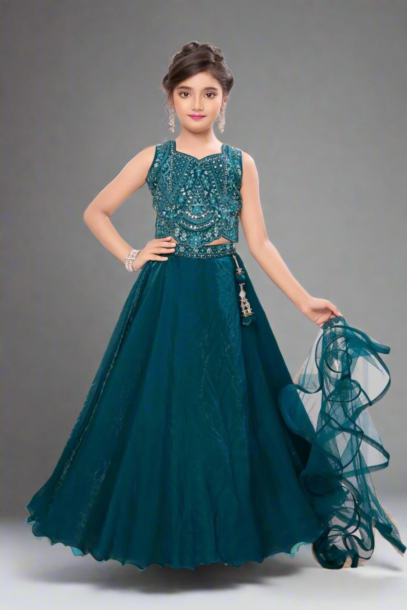 Adorable elegance in this teal embroidered gown
