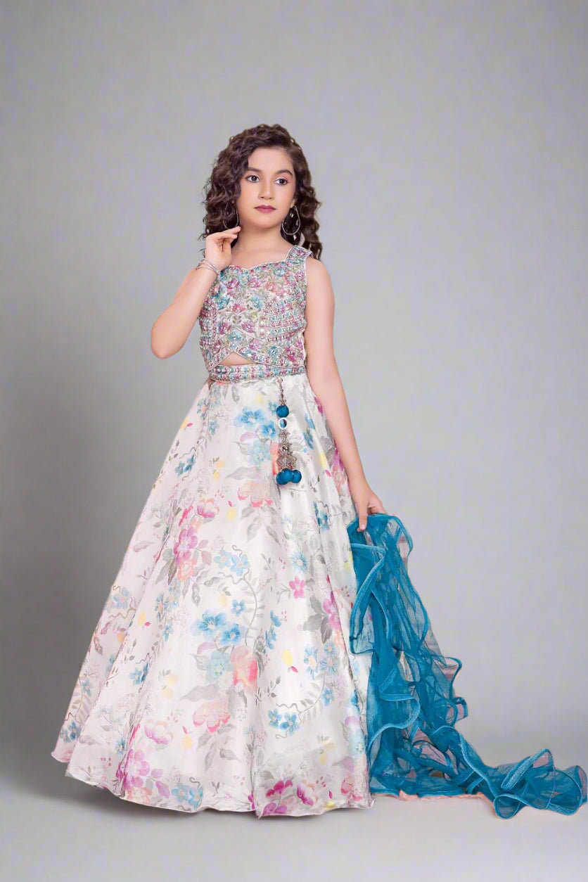 White floral lehenga with soft dupatta