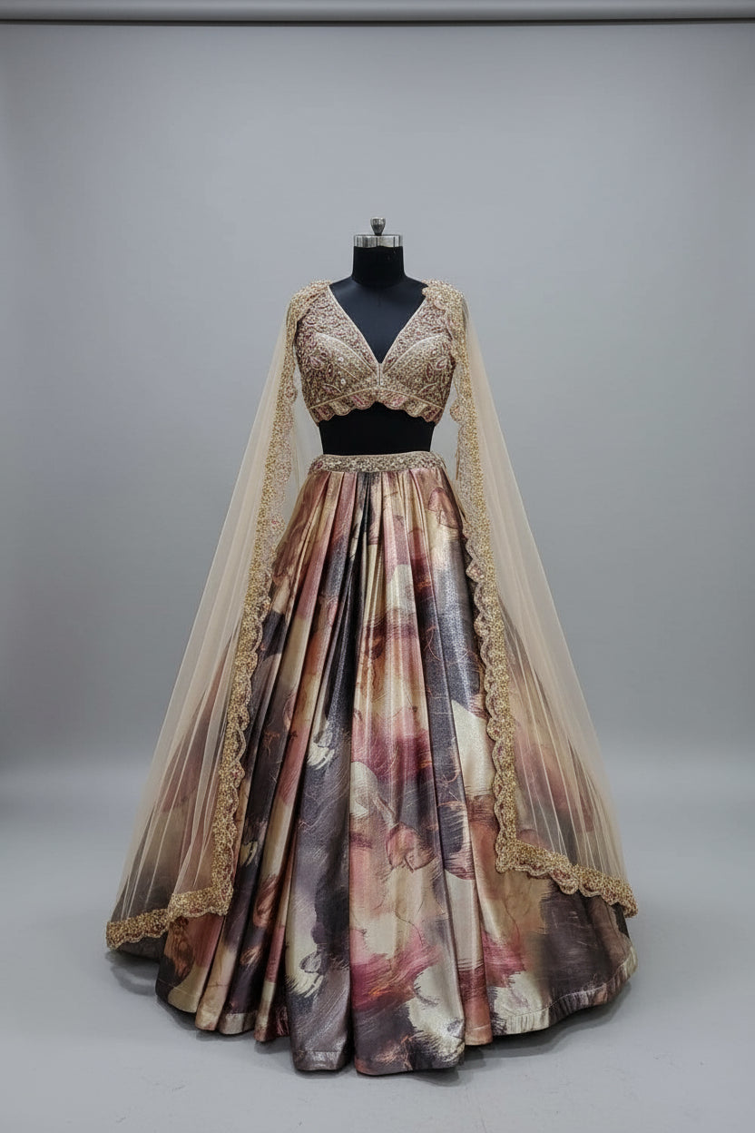 Elevate your ethnic style with this stunning hand-embroidered lehenga set.