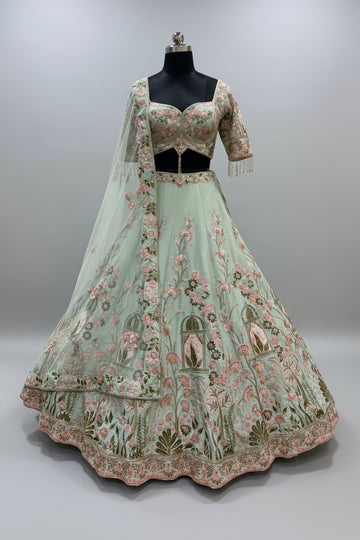 Pastel green lehenga set with intricate floral embroidery