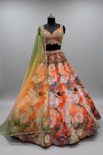Fiery orange and olive green lehenga with sequin detailing