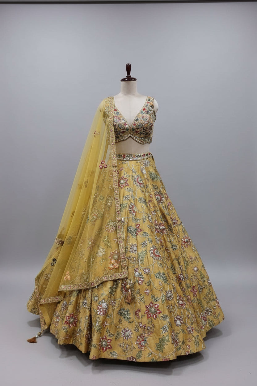 Mustard yellow lehenga with detailed floral embroidery and matching dupatta
