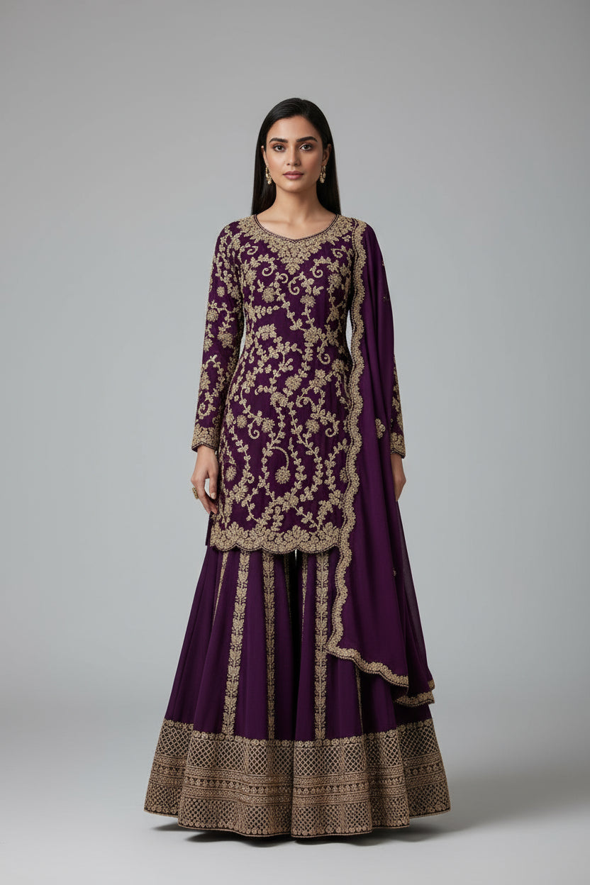 Rich red ethnic ensemble with intricate golden embroidery