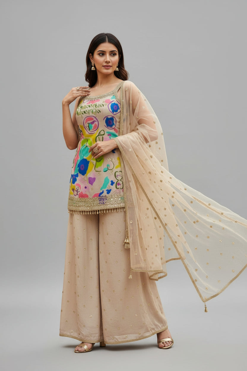 Elegant beige palazzo suit with vibrant floral top and subtle gold accents