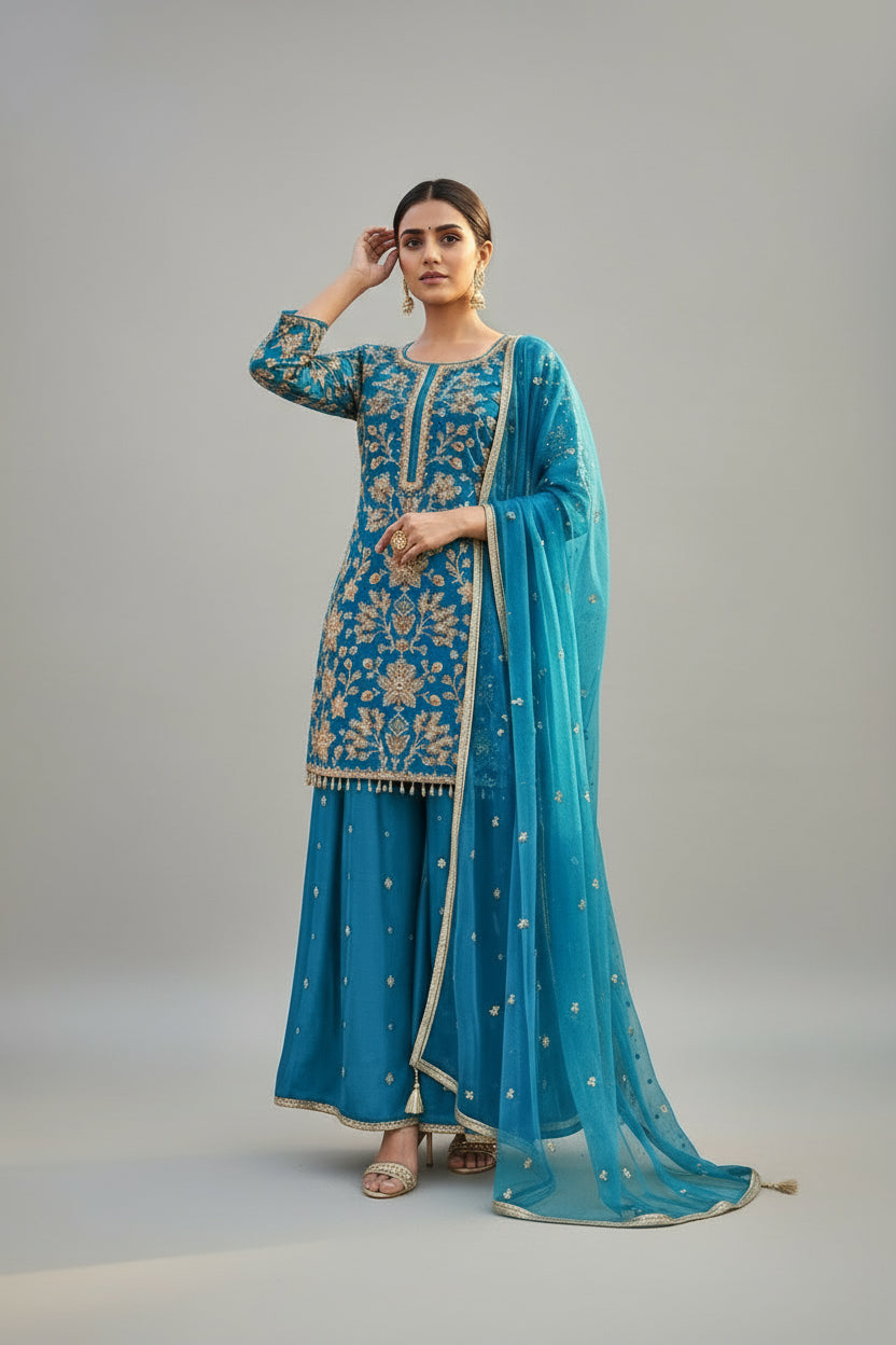 Vibrant blue ethnic suit adorned with golden embroidery