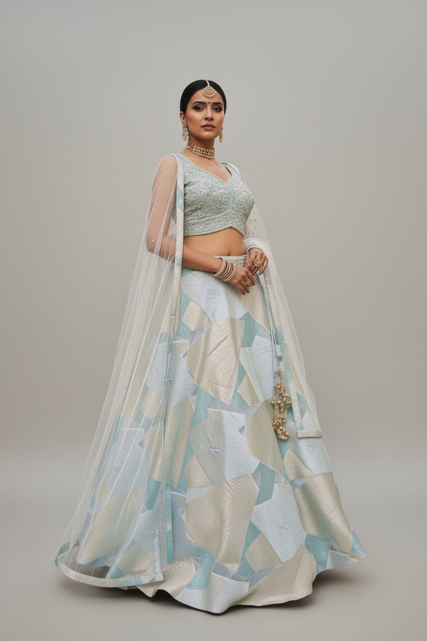 Geometric jacquard lehenga paired with an embellished blouse