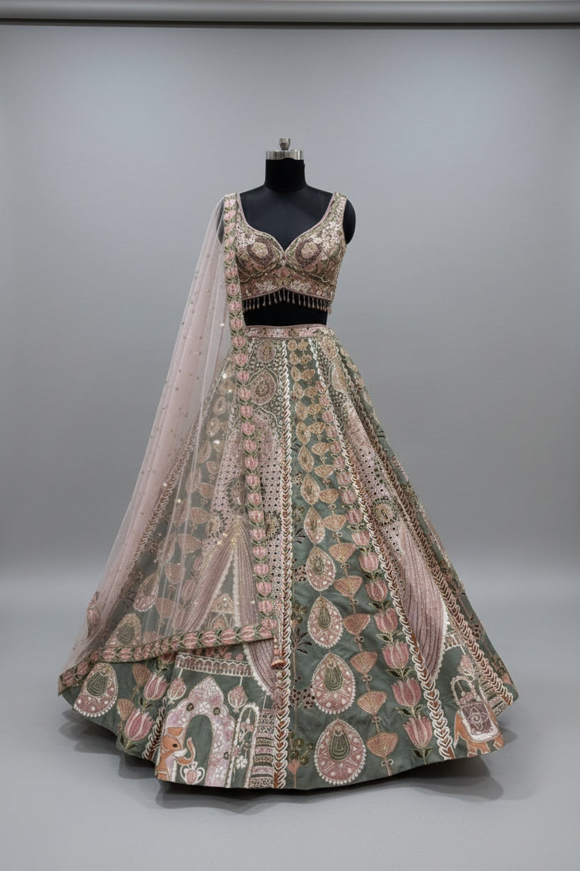 Dusty pink–sage lehenga with intricate thread embroidery Main image