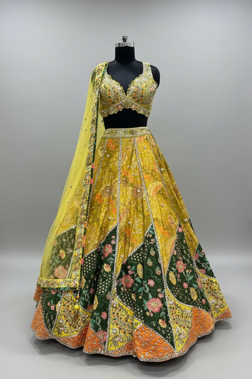 Vibrant yellow lehenga with intricate hand-embroidered detailing Main image
