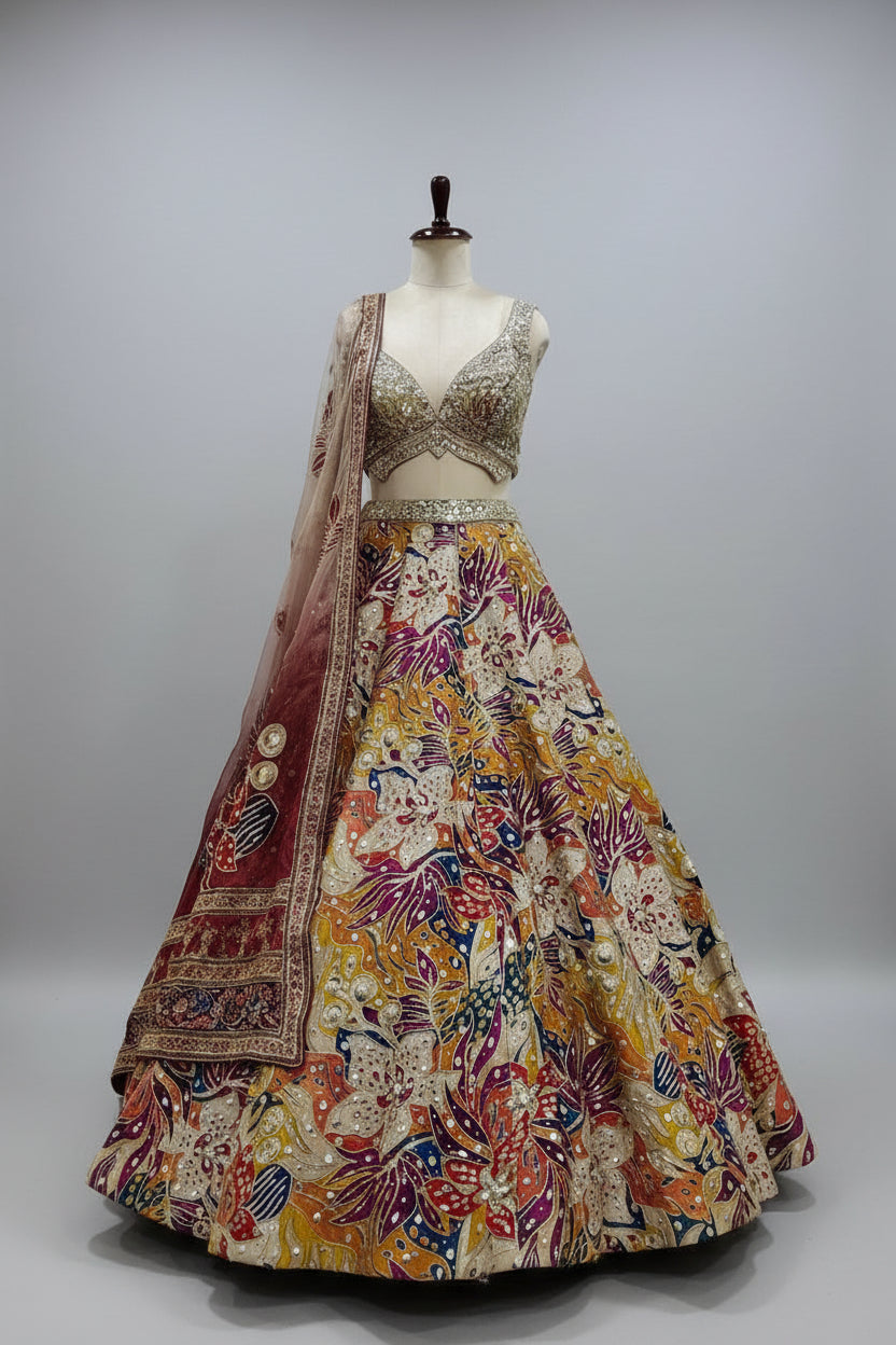 Multicolor handwork lehenga featuring intricate mirror, thread, and sequins Main image