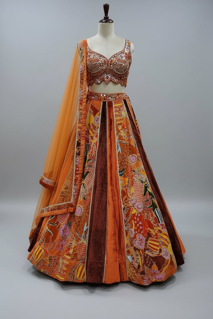 Rust lehenga with rich velvet panels, intricate embroidery, and mirror detailing.