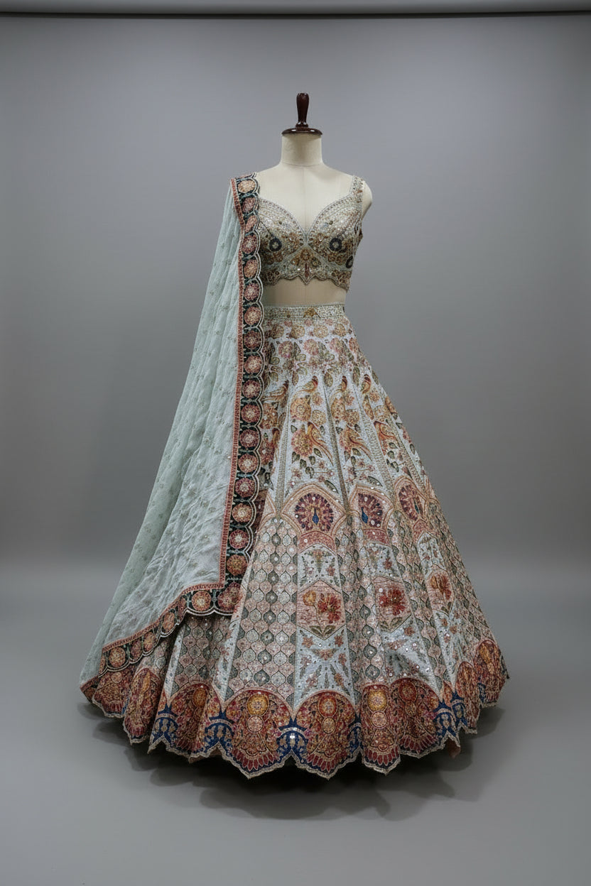 Pastel blue bridal lehenga featuring detailed threadwork Main image