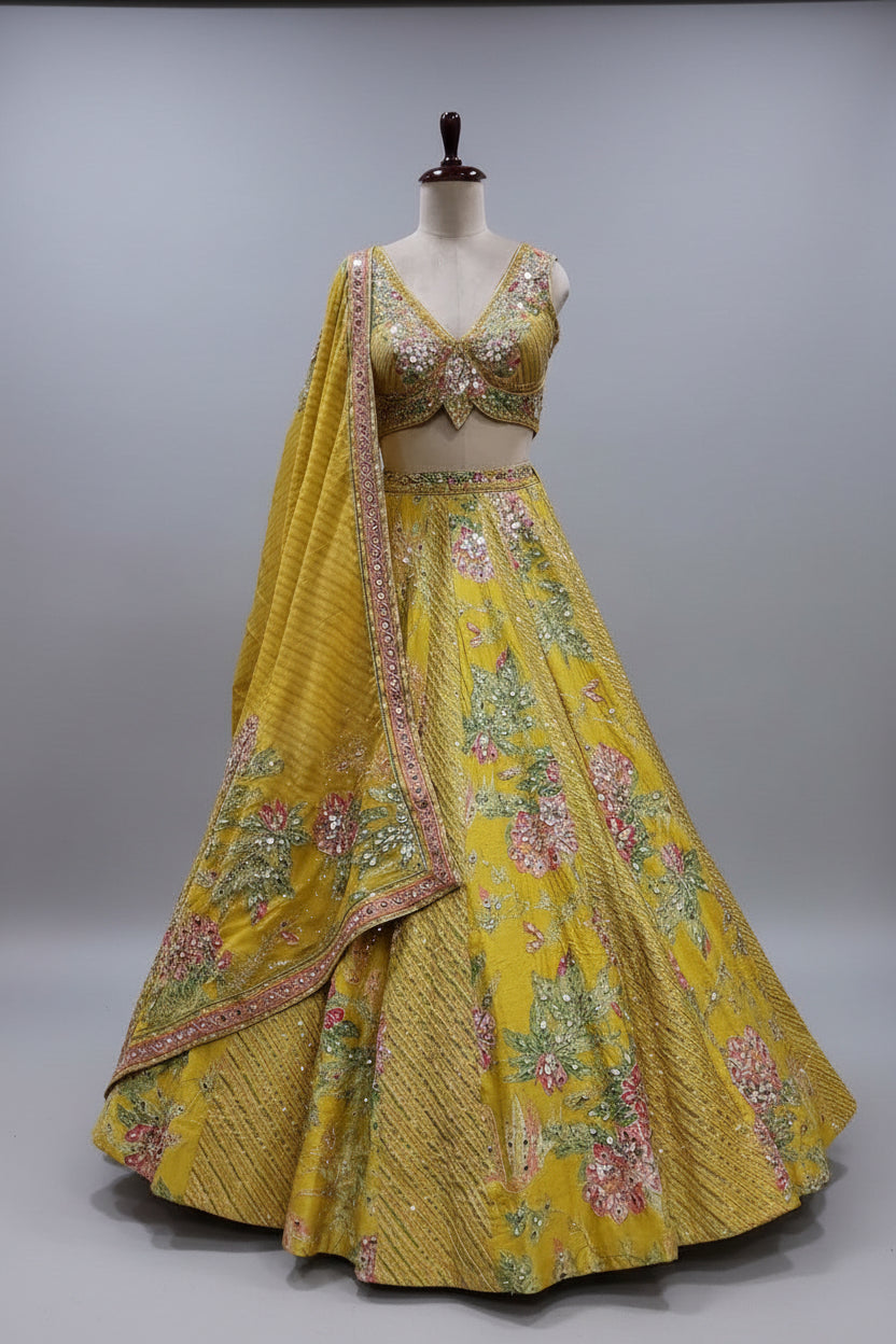 Vibrant yellow lehenga showcasing floral thread embroidery