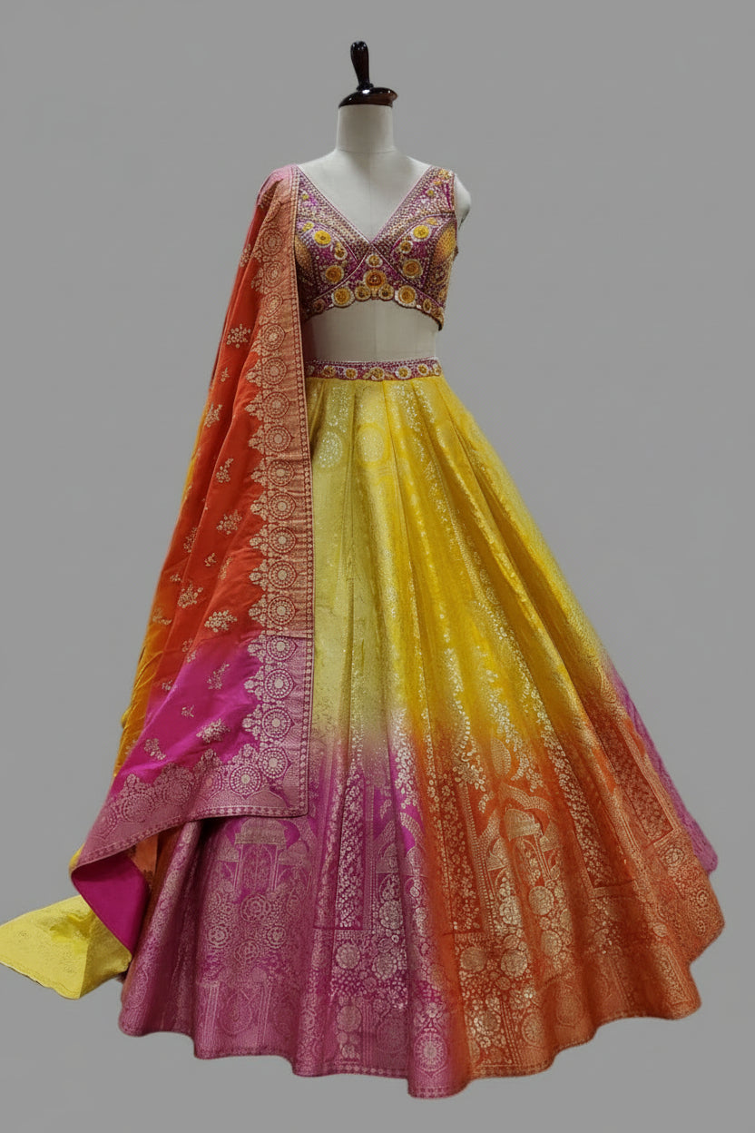 Vibrant yellow-pink ombré Banarasi lehenga