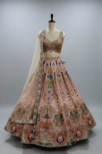 Peach and sage multicolour lehenga with intricate zari