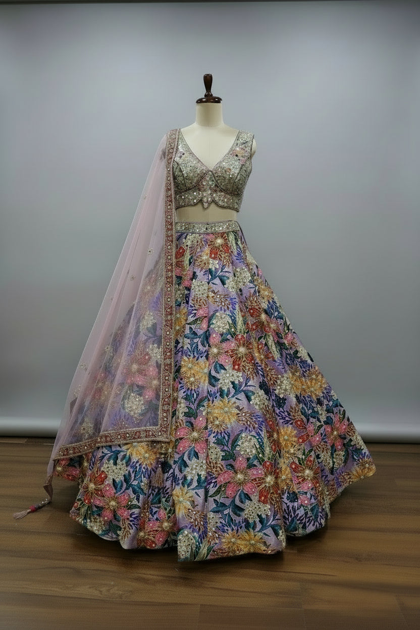 Lavender multicolour lehenga with heavy floral threadwork