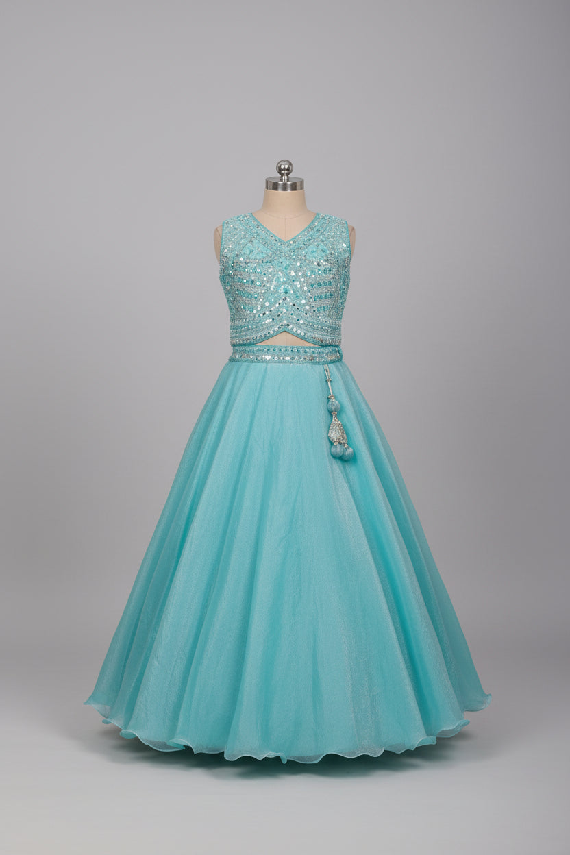 Aqua blue shimmer lehenga set with intricate sequins work
