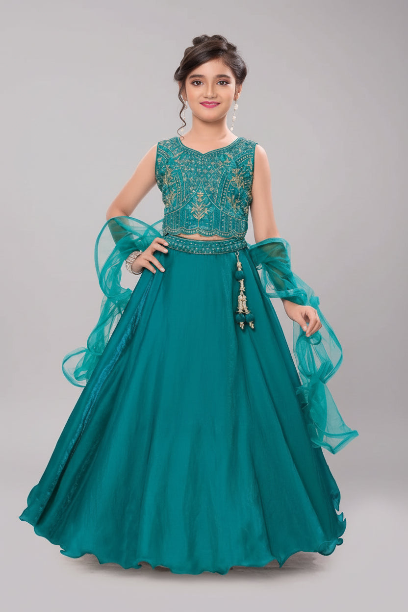 Teal green lehenga set with rich zari and sequin embroidery work