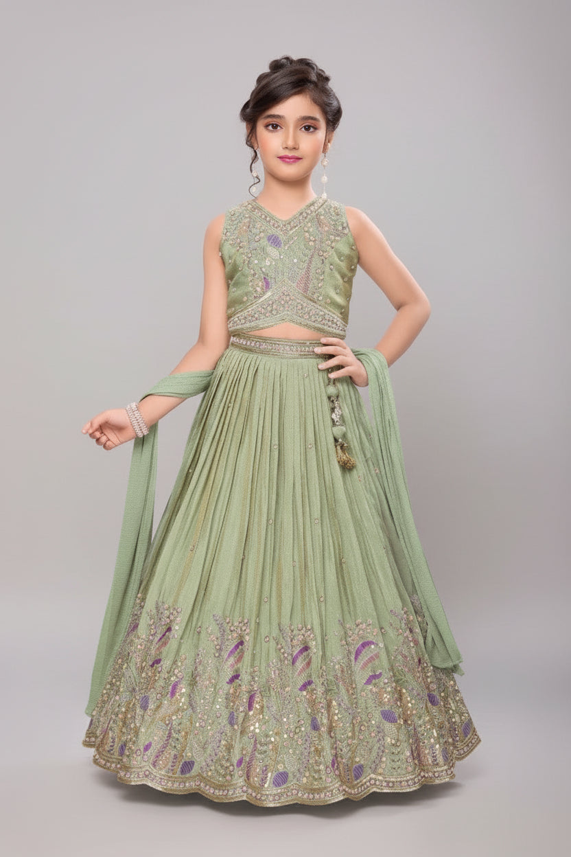 Classy green lehenga set with rich zari and sequin embroidery work