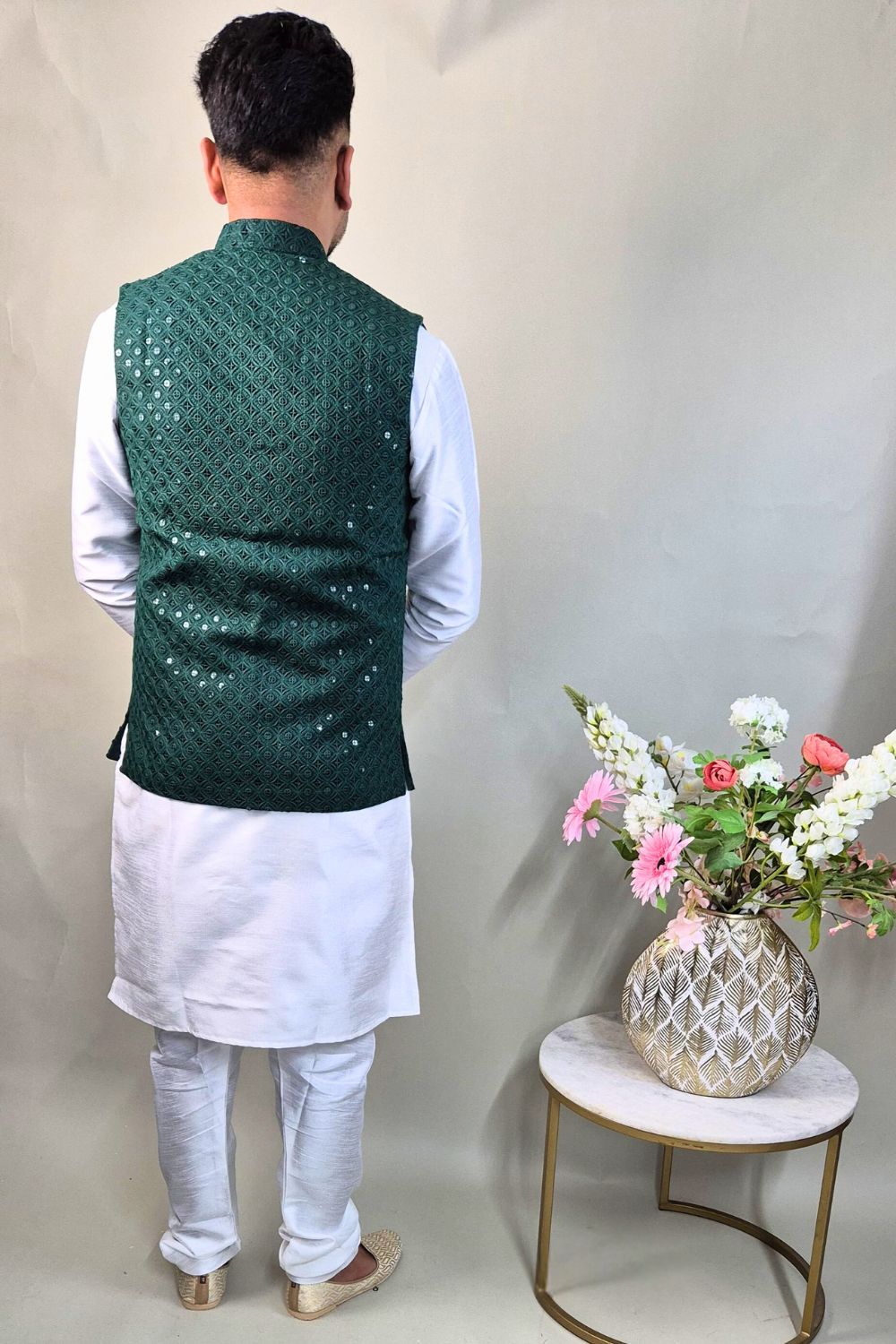 Bottle Green Sequins Waist Coat
