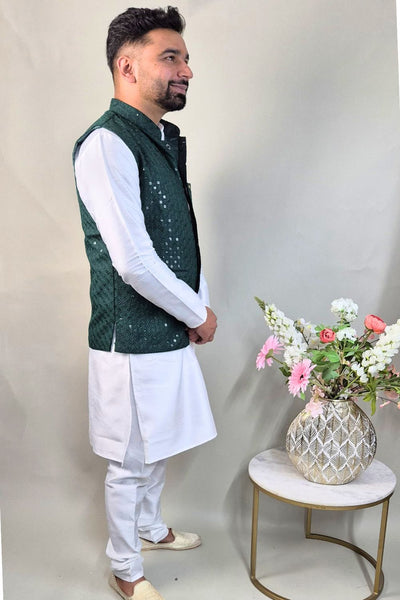 Bottle Green Sequins Waist Coat