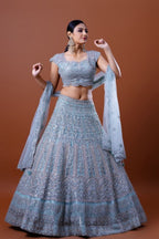 Light Blue Lehenga Pearl Thread Sequin Embroidered Net Lehenga