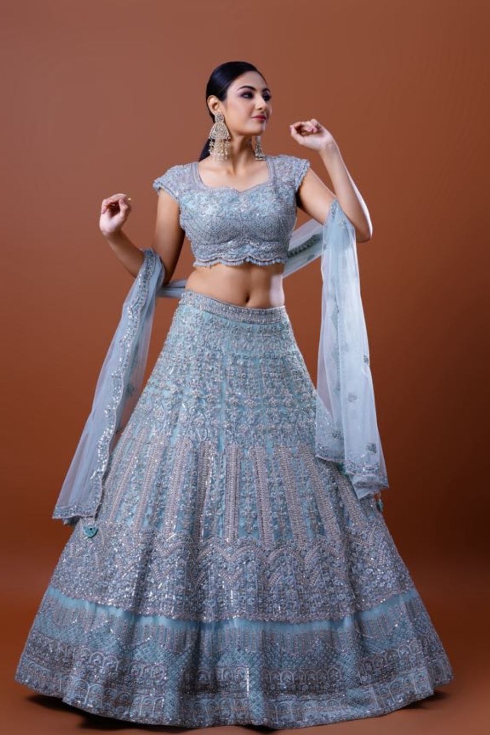 Light Blue Lehenga Pearl Thread Sequin Embroidered Net Lehenga