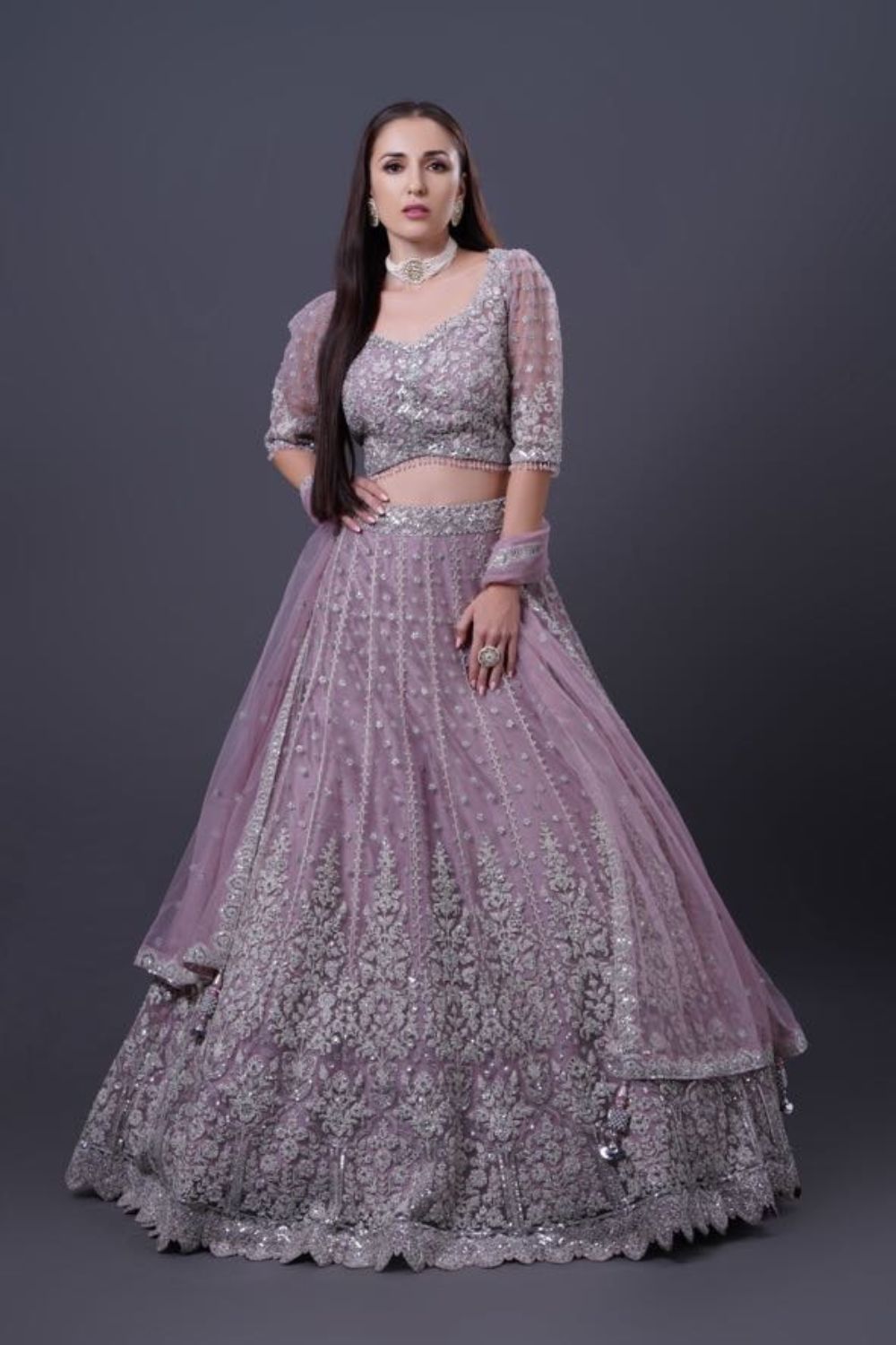 Lilac Lehenga with White Pearl Embroidered Secondary image