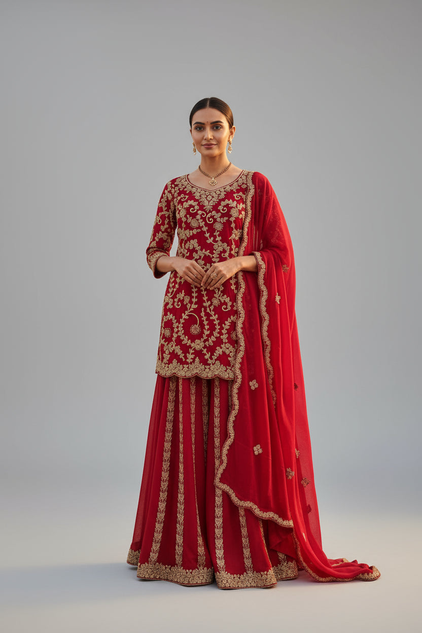 Rich red ethnic ensemble with intricate golden embroidery