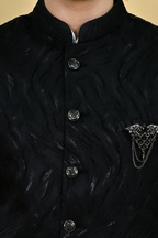 Men's Black Woven Design Embroidered Waist coat