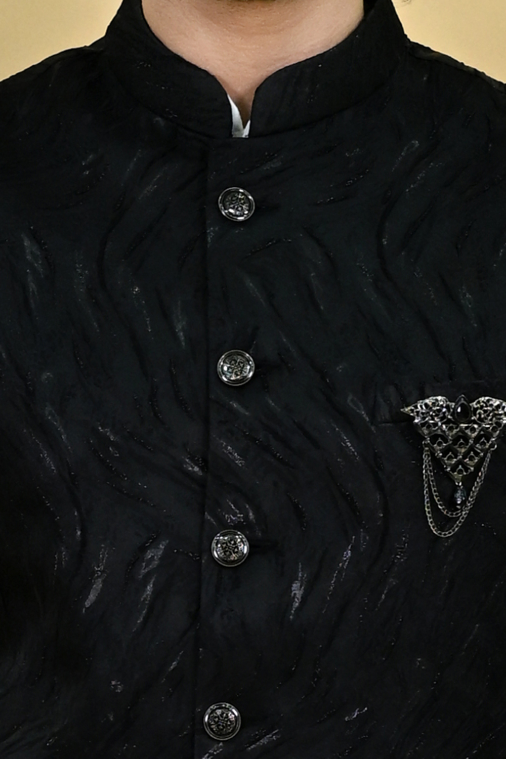 Men's Black Woven Design Embroidered Waist coat