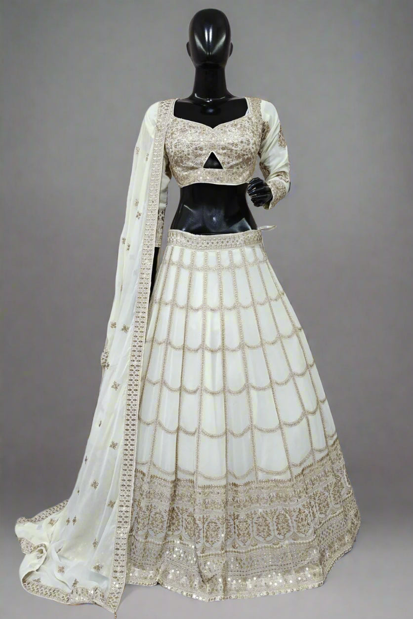 Elegant white lehenga with resham and zardosi work