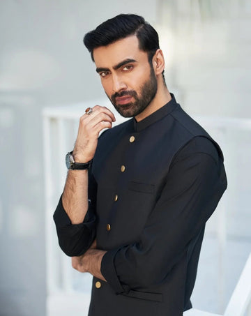 Black Kurta Trouser with Suiting Waistcoat - Round Cut - Men
