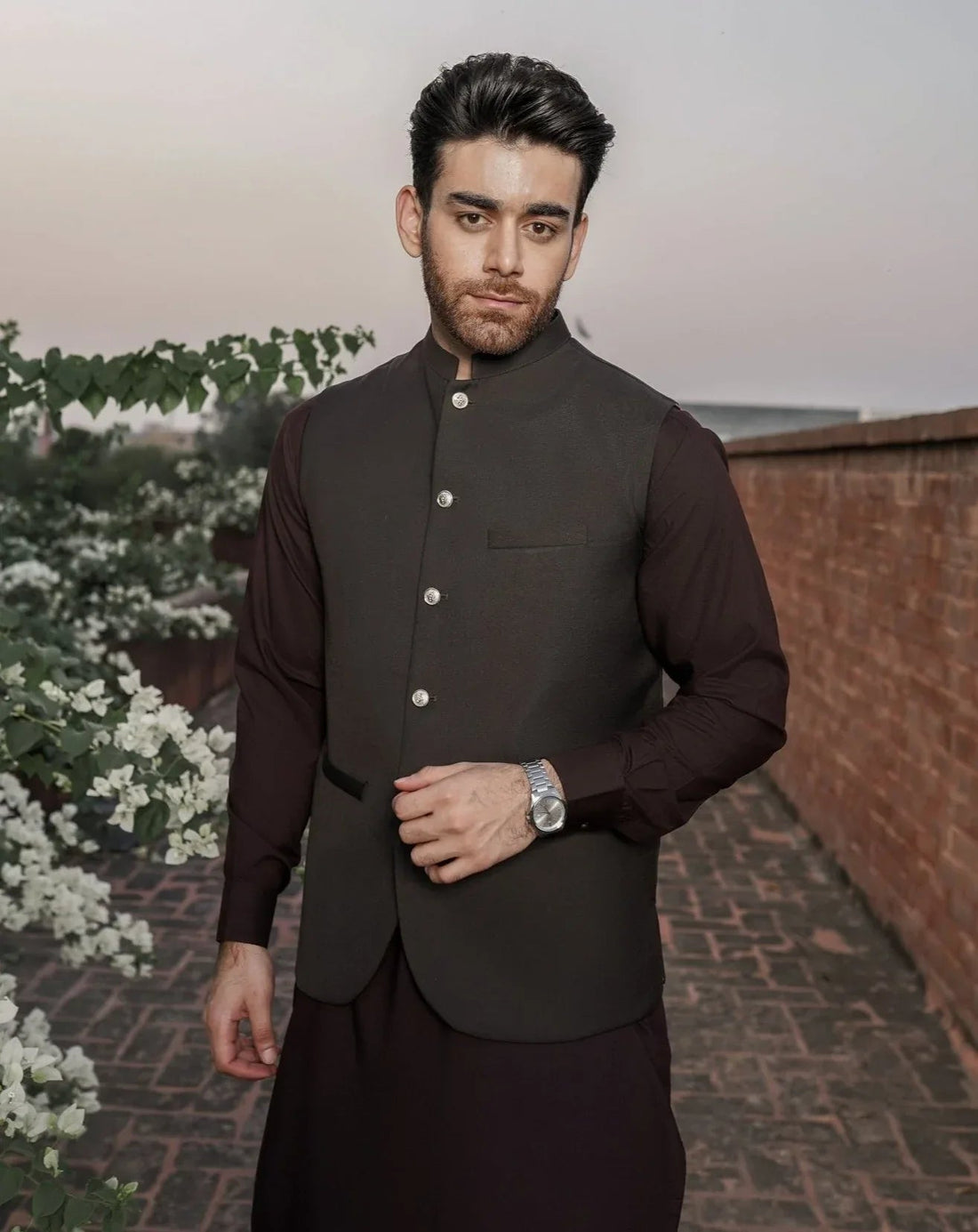 Dark Brown Kurta Trouser with Suiting Waistcoat - Round Cut - Men
