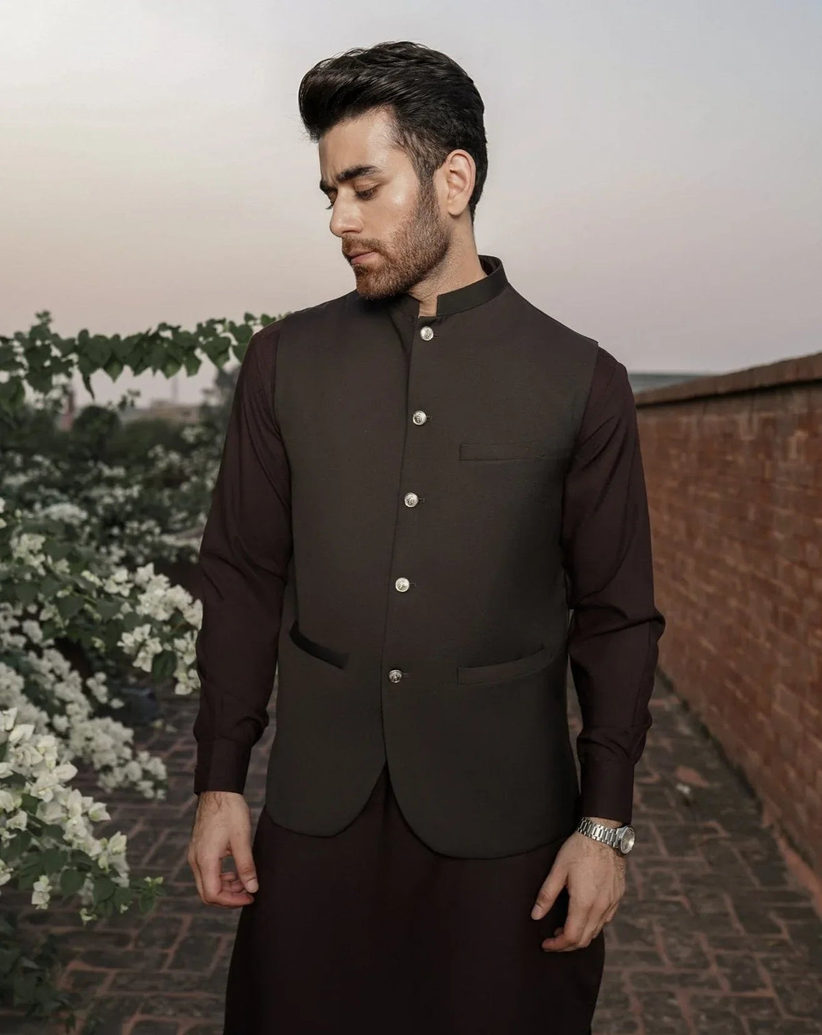 Dark Brown Kurta Trouser with Suiting Waistcoat - Round Cut - Men