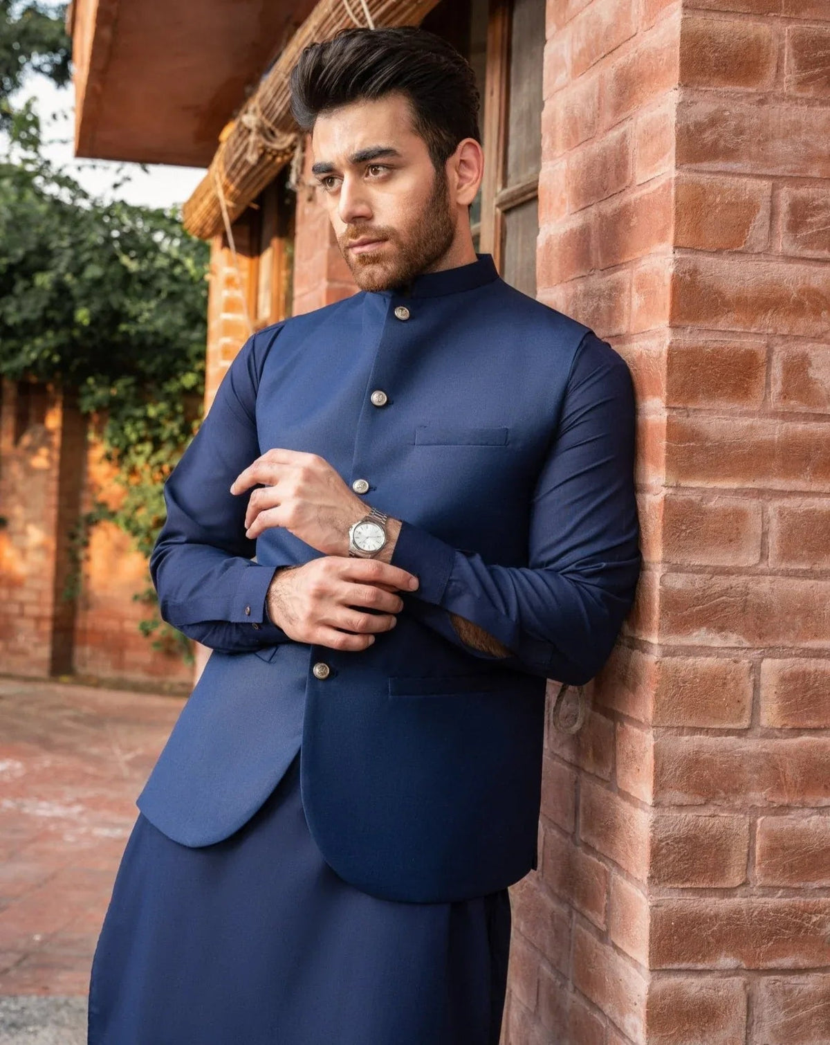 Navy Blue Kurta Trouser with Suiting Waistcoat - Round Cut - Men