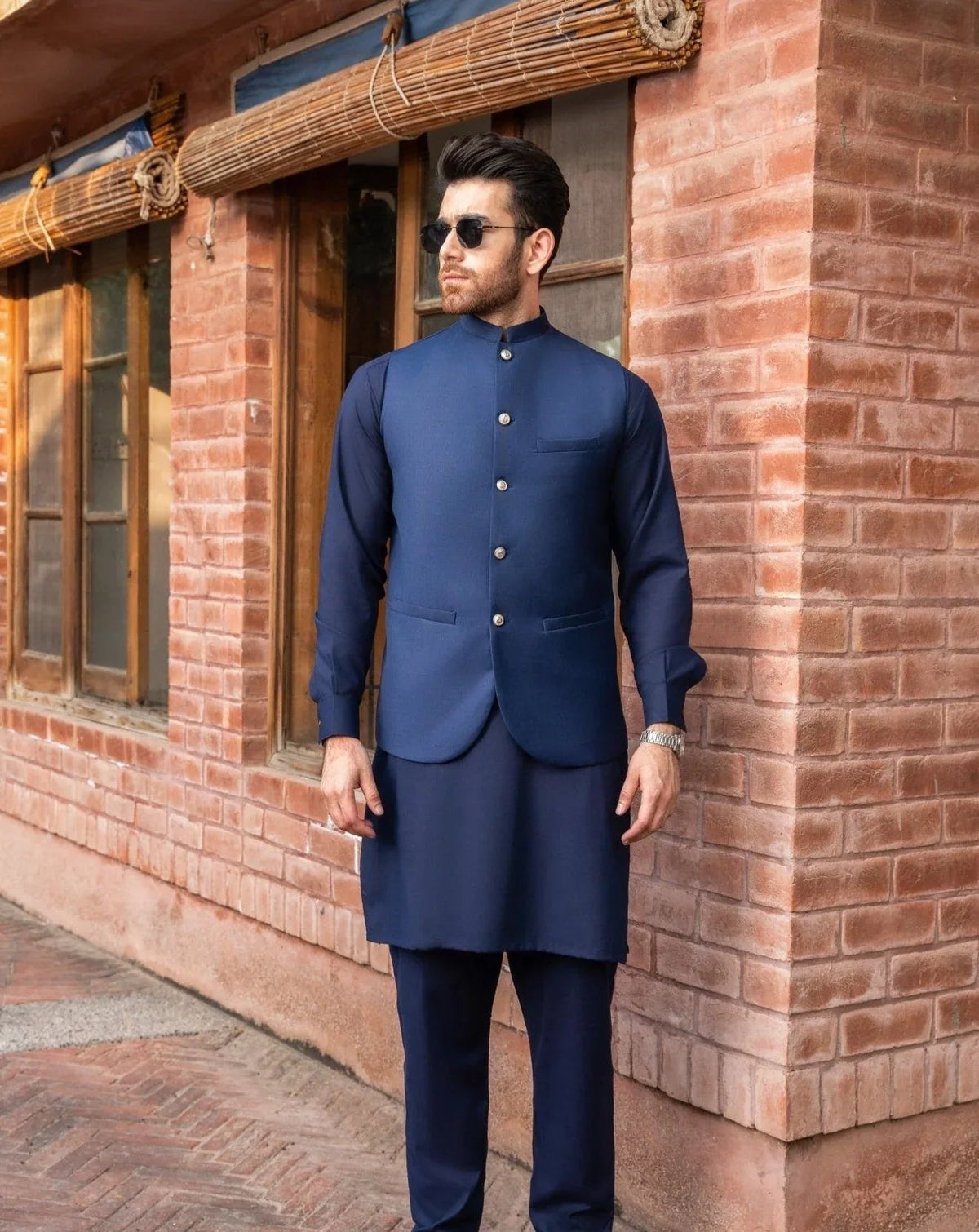 Navy Blue Kurta Trouser with Suiting Waistcoat - Round Cut - Men