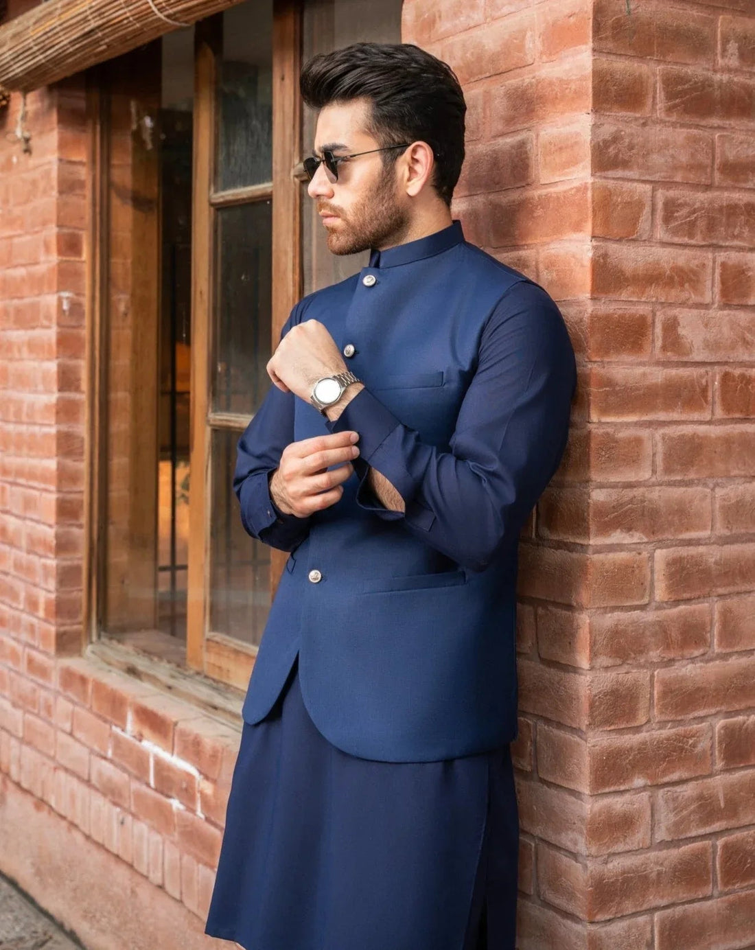 Navy Blue Kurta Trouser with Suiting Waistcoat - Round Cut - Men