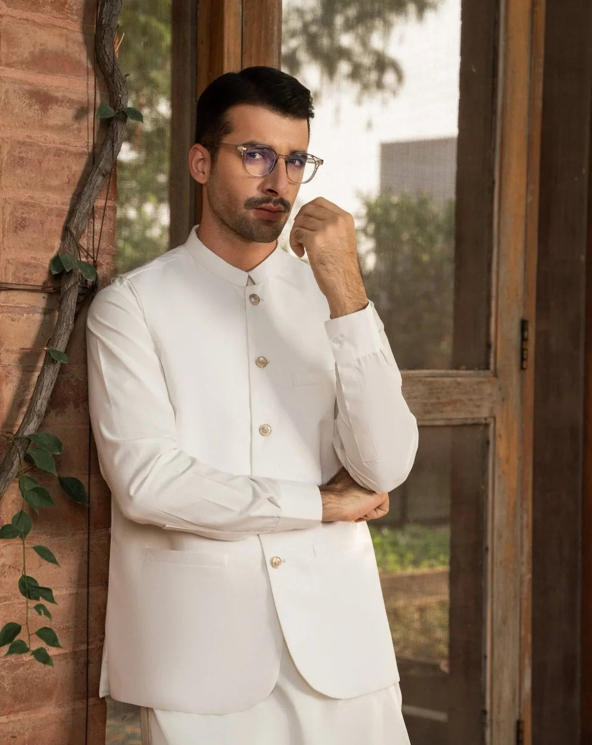 Off White Kameez Shalwar with Suiting Waistcoat - Round Cut - Men