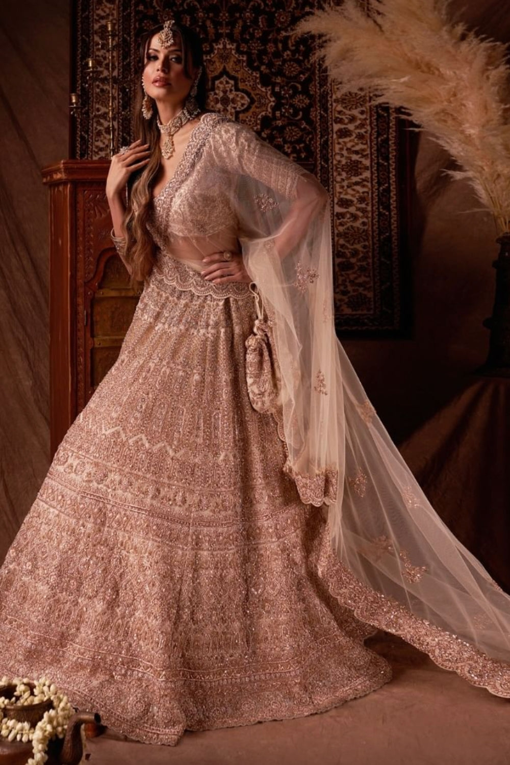 Bridal Lehenga in Pinkish Beige with Heavy Embroidery